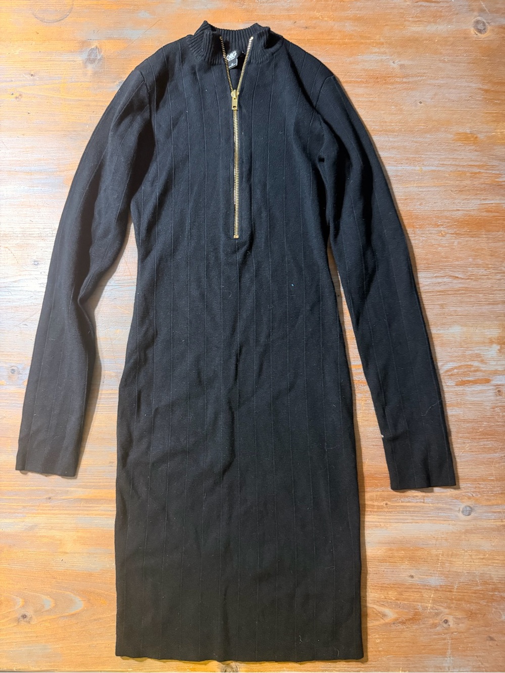 Long Sleeve Black Ribbed Zip-Front Knit Dress